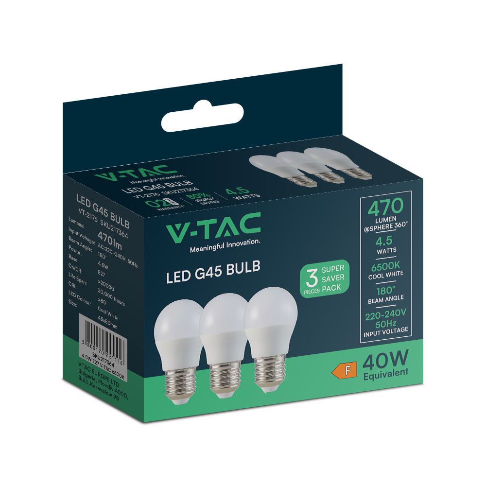 4.5W G45 Żarówka LED / Barwa:6500K/ Opakowanie: 3szt. / Trzonek: E27