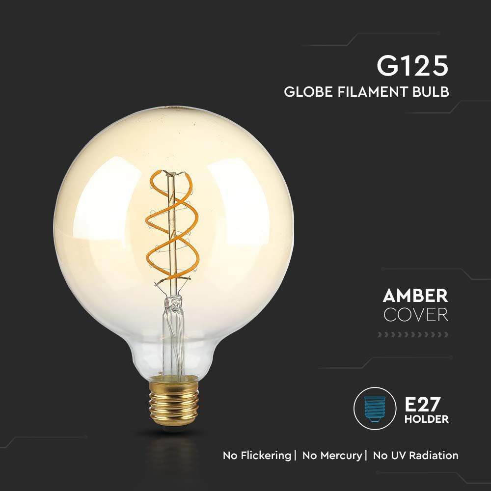 5W Żarówka LED G125 Filament / Barwa:1800K / Klosz Bursztynowy / Trzonek:E27