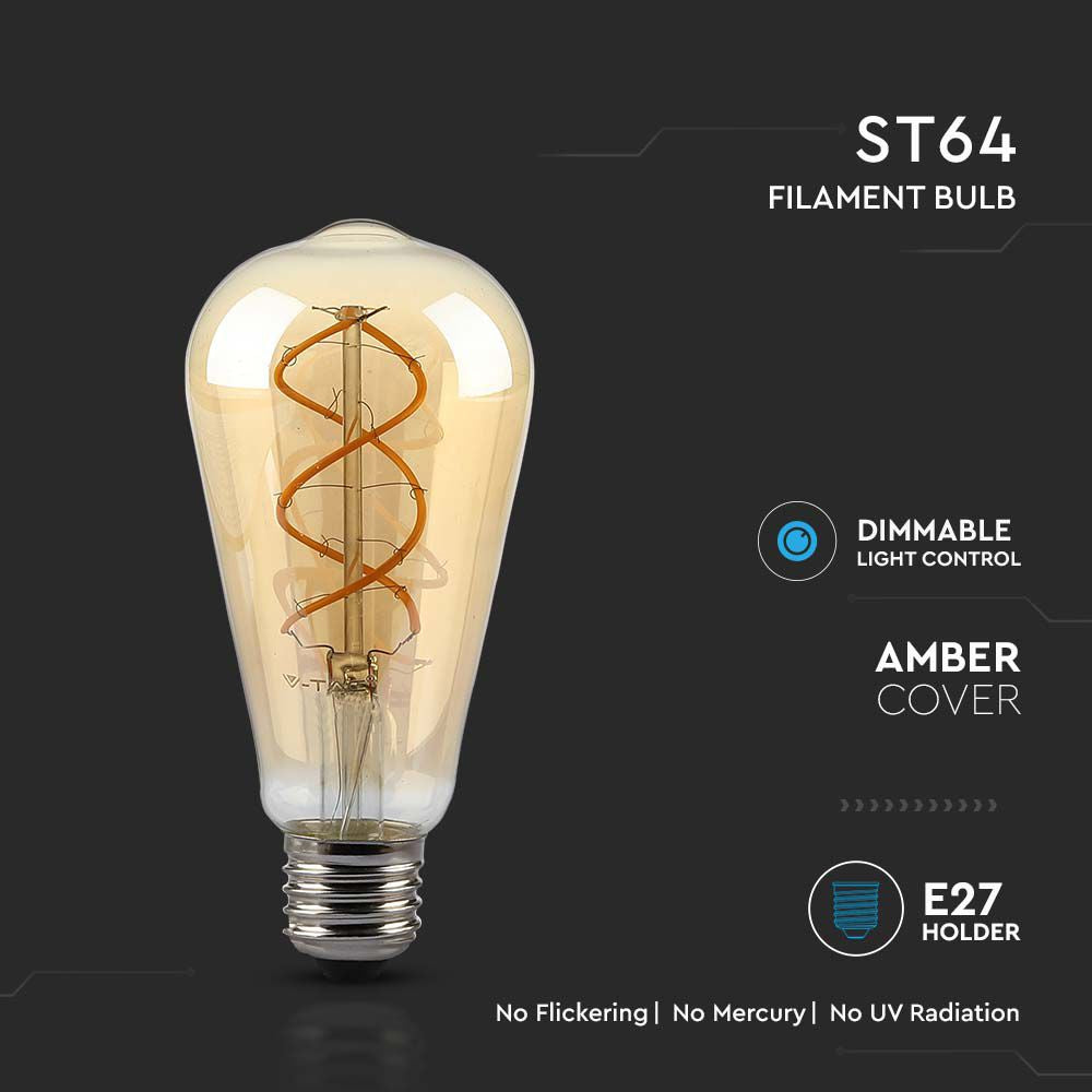 5W ST64 Żarówka LED Filament / Barwa:1800K / Klosz Bursztynowy / Ściemniana / Trzonek:E27