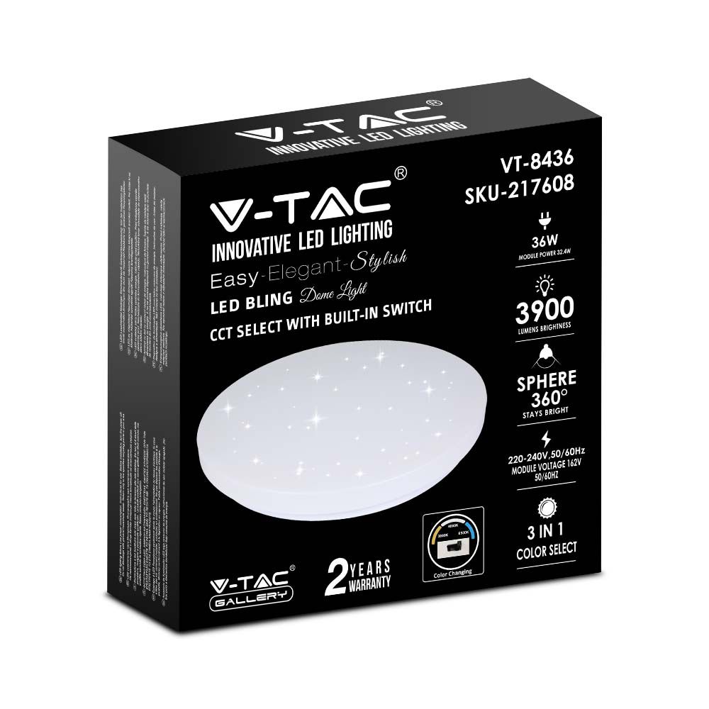 36W Plafon LED DOME / Średnica: 450 / Klosz: Efekt gwiazdek / Barwa:3w1