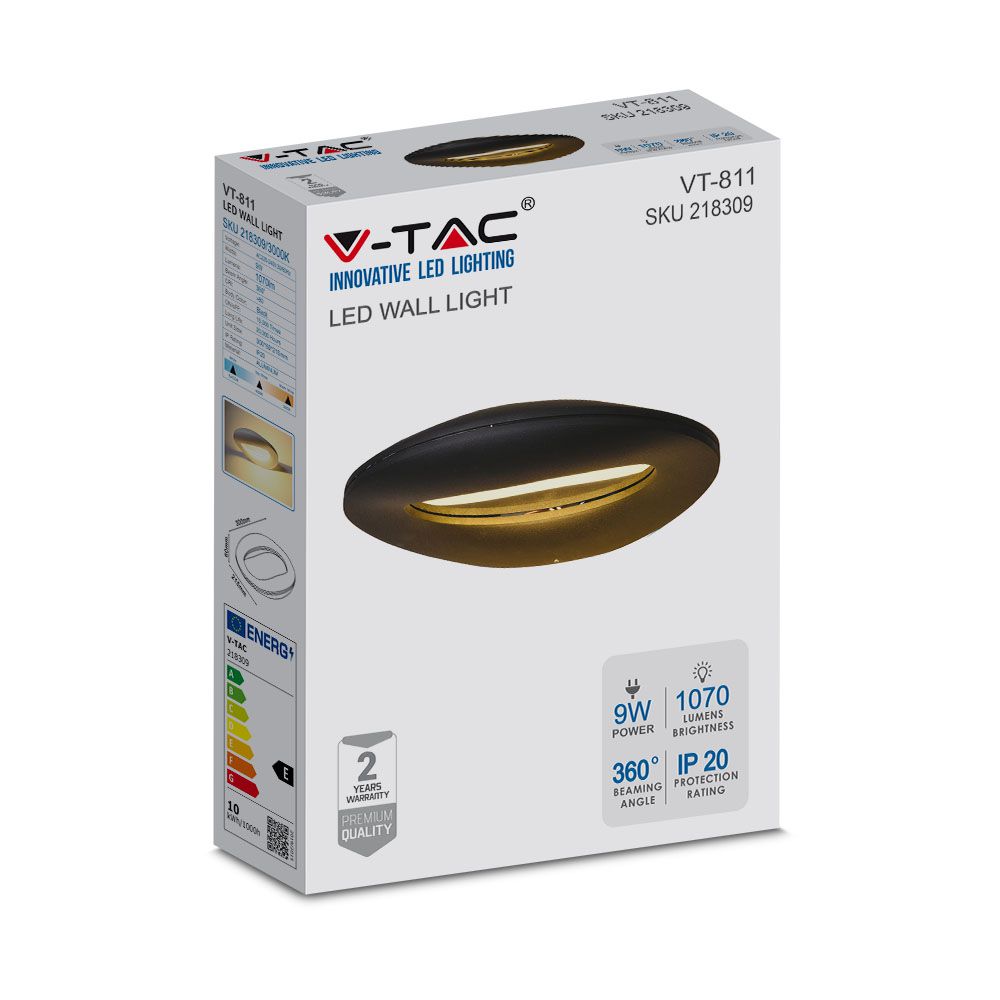 9W Lampa ścienna LED / Barwa:3000K / Obudowa: Czarna