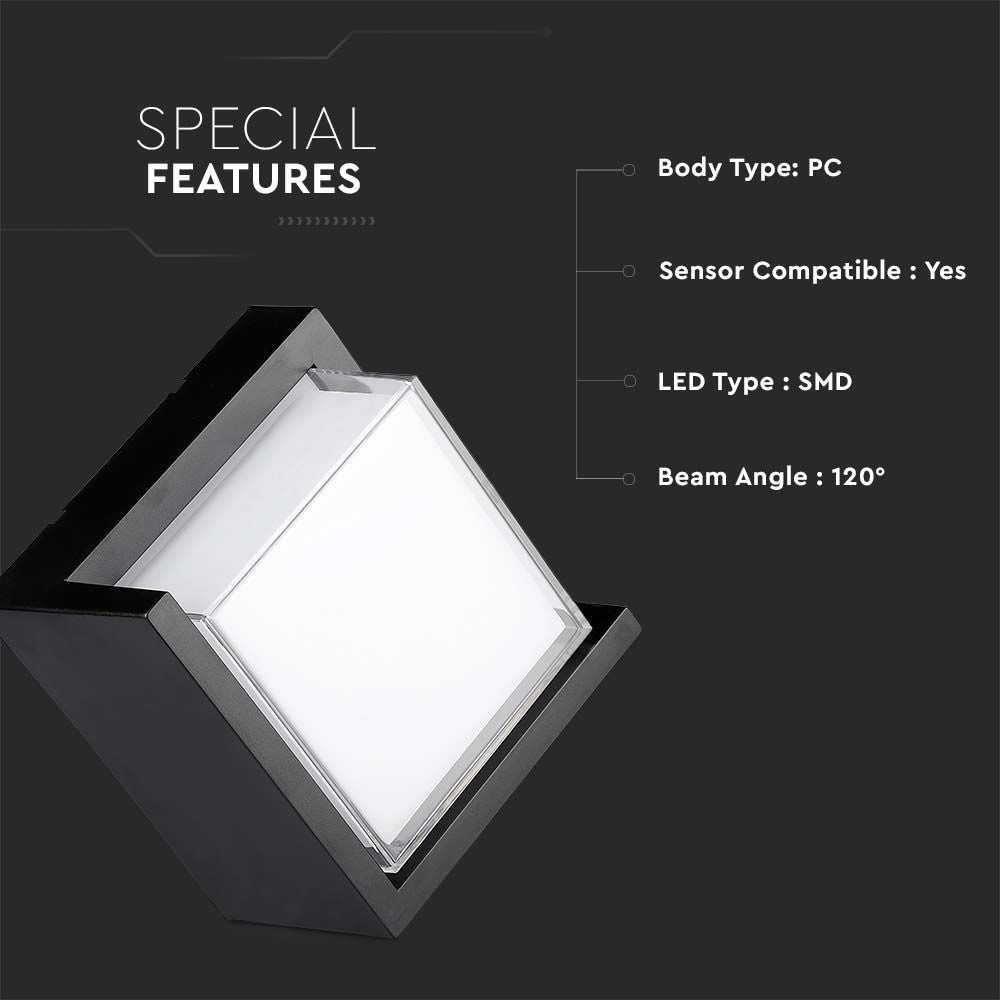 12W Lampa ścienna LED / Barwa:3000K / Czarny / Kwadratowa