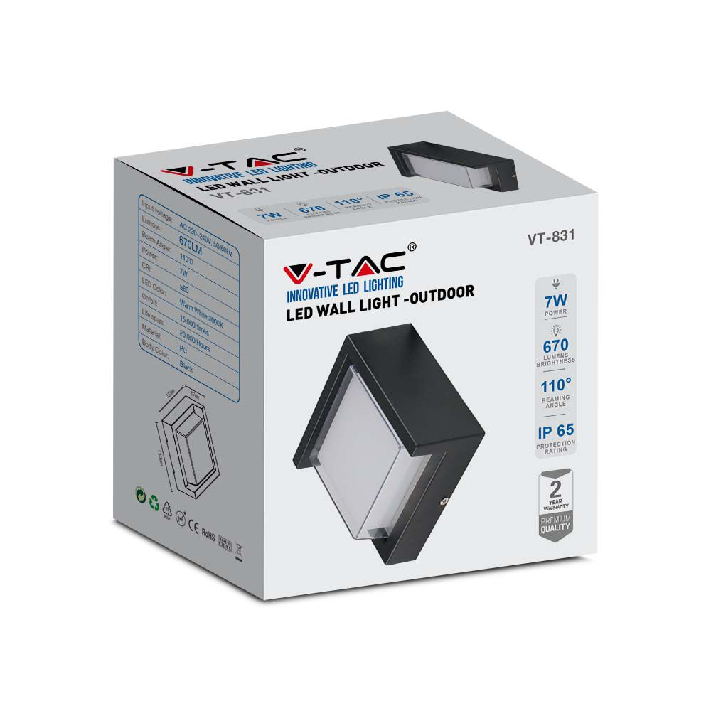 7W Lampa ścienna LED / Barwa:3000K / Obudowa: Czarny / Kwadratowa