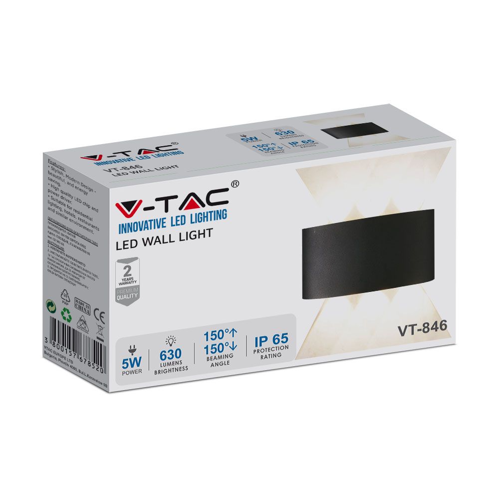5W Lampa ścienna LED / Barwa:3000K / IP65 / Obudowa: Czarny