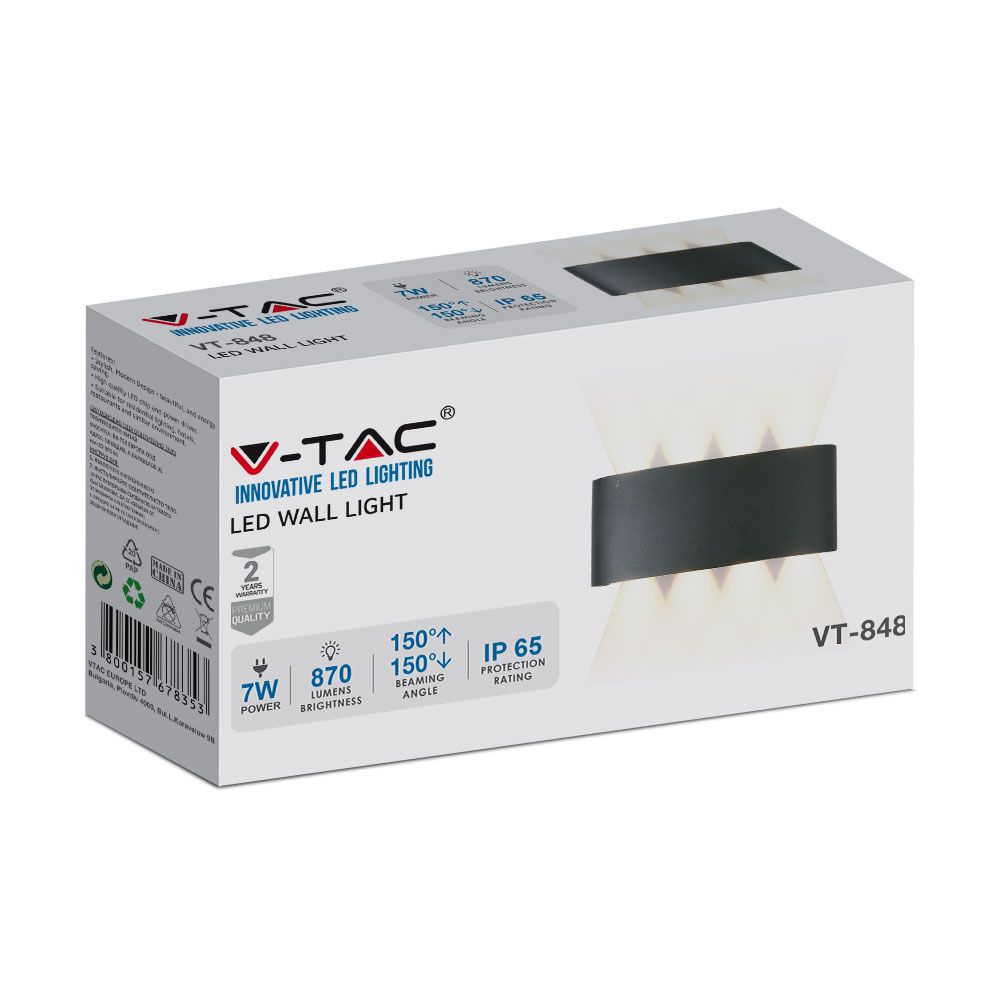 7W Lampa ścienna LED / Barwa:3000K / IP65 / Obudowa: Czarna