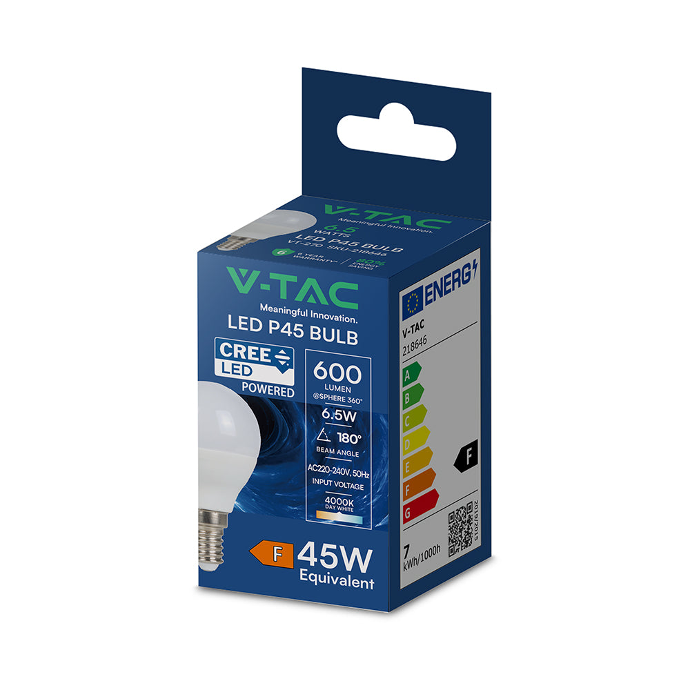 6.5W P45 Żarówka LED / Chip CREE / Barwa:4000K / Trzonek:E14 / 6 Lat gwarancji