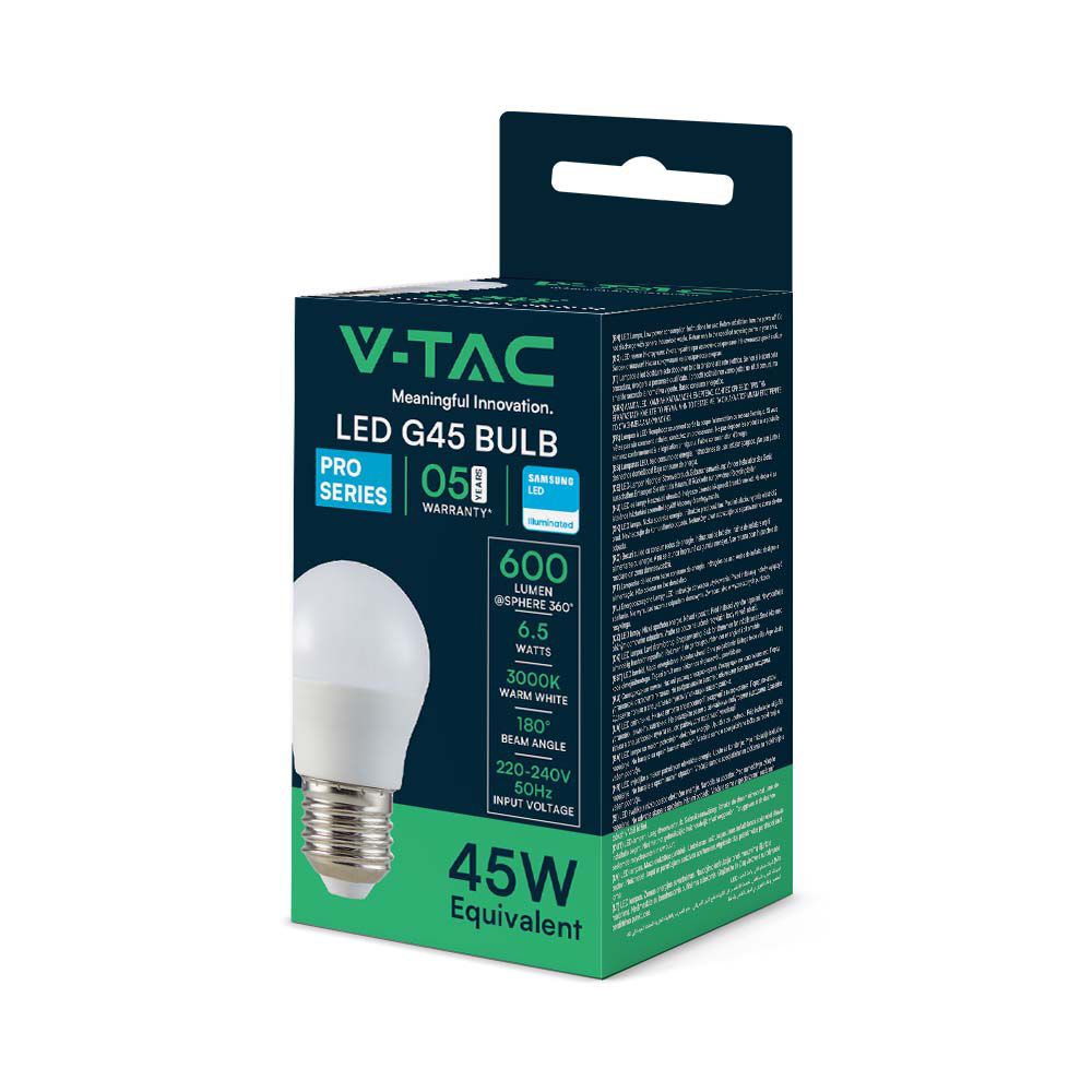 6.5W G45 Żarówka LED / Chip SAMSUNG / Barwa:3000K / Trzonek:E27