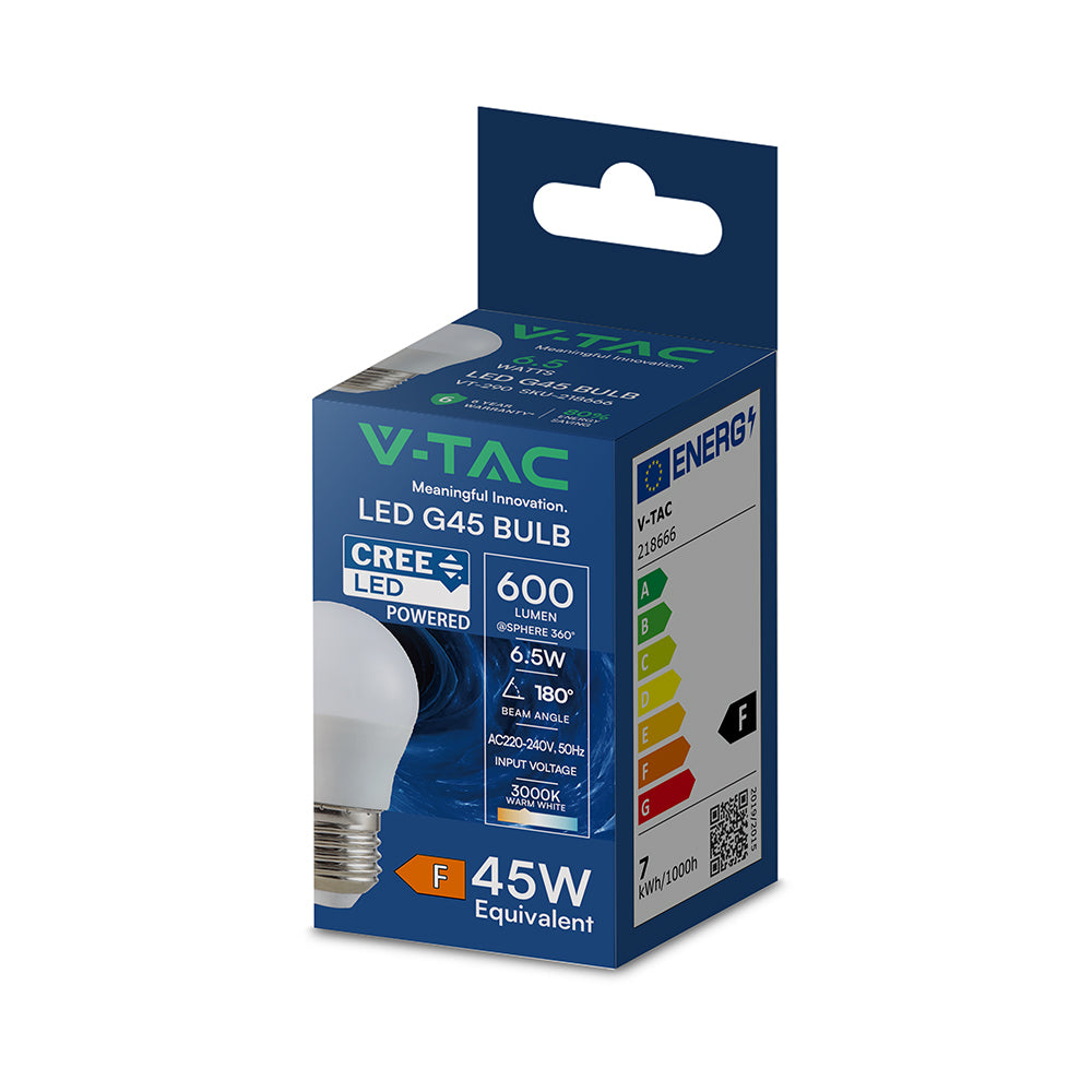 6.5W G45 Żarówka LED / Chip CREE / Barwa:3000K / Trzonek:E27 / 6 Lat gwarancji