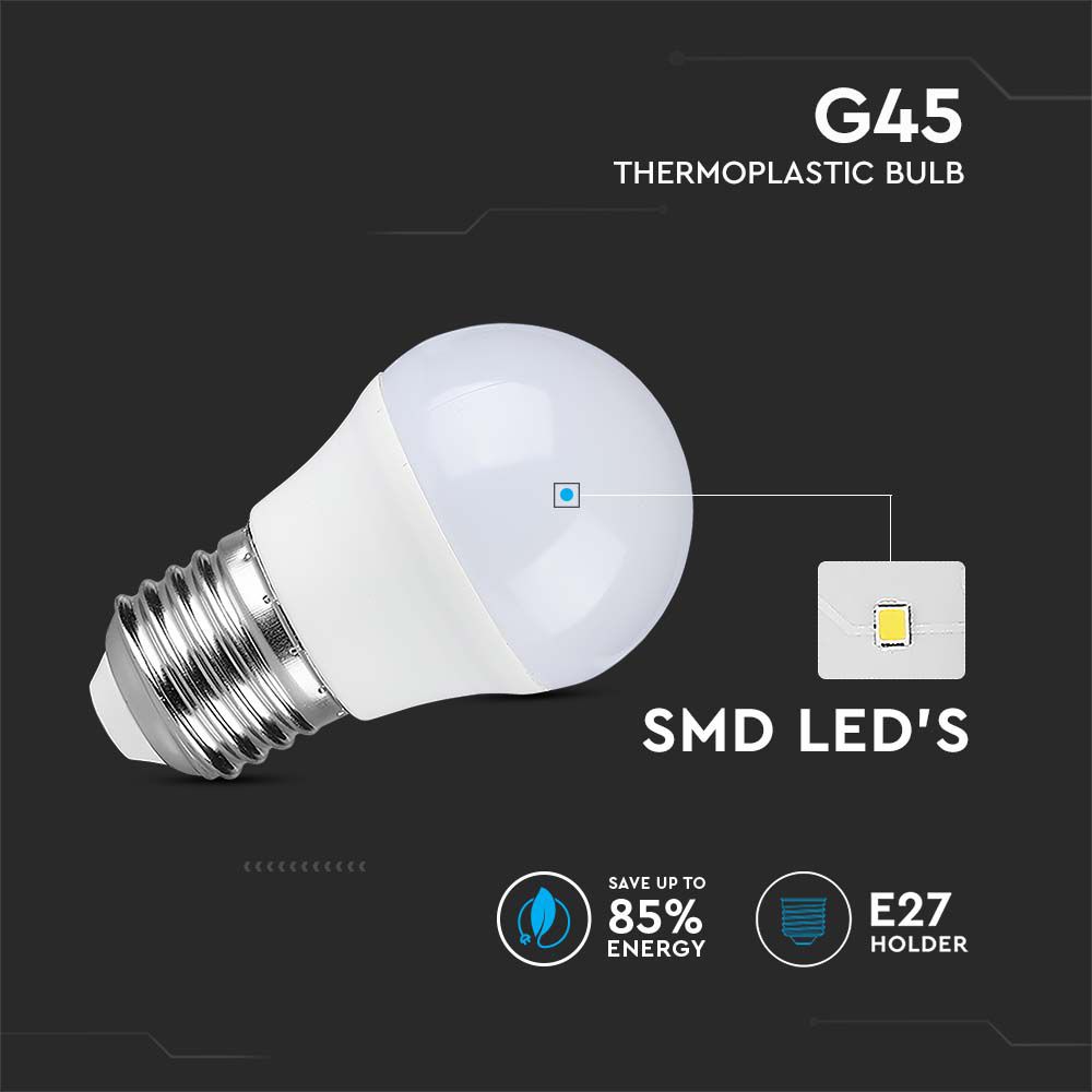 6.5W G45 Żarówka LED / Chip SAMSUNG / Barwa:6400K / Trzonek:E27