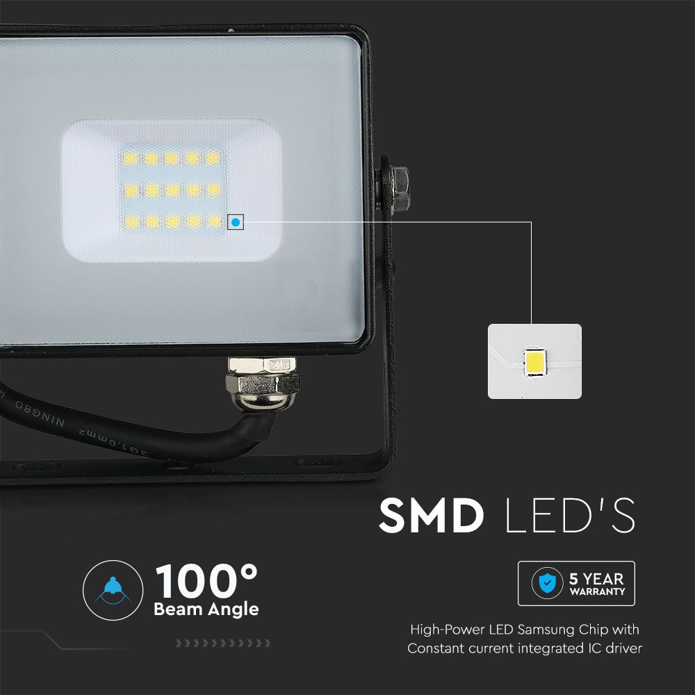 10W Naświetlacz LED SMD / Chip SAMSUNG / Przewód: 1m / Barwa:6500K / Obudowa: Czarna