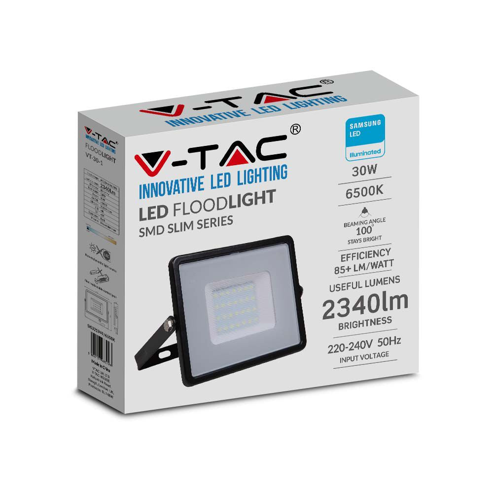 30W Naświetlacz LED SMD / Chip SAMSUNG / Przewód: 1m / Barwa:6500K / Obudowa: Czarna