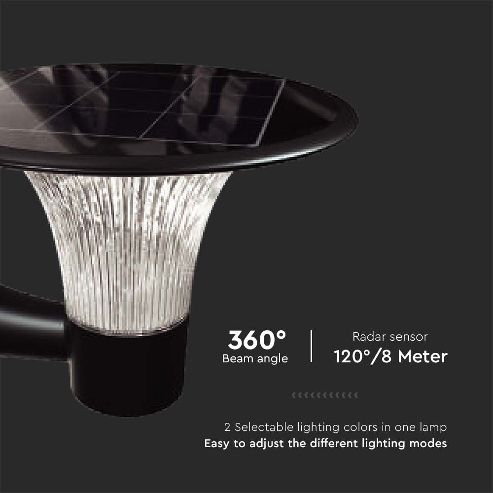 15W Lampa Ścienna LED Solarna / Bateria: LiFePO4 3.2V 6000mA / Barwa: 6000K+4000K / Kolor: Czarny