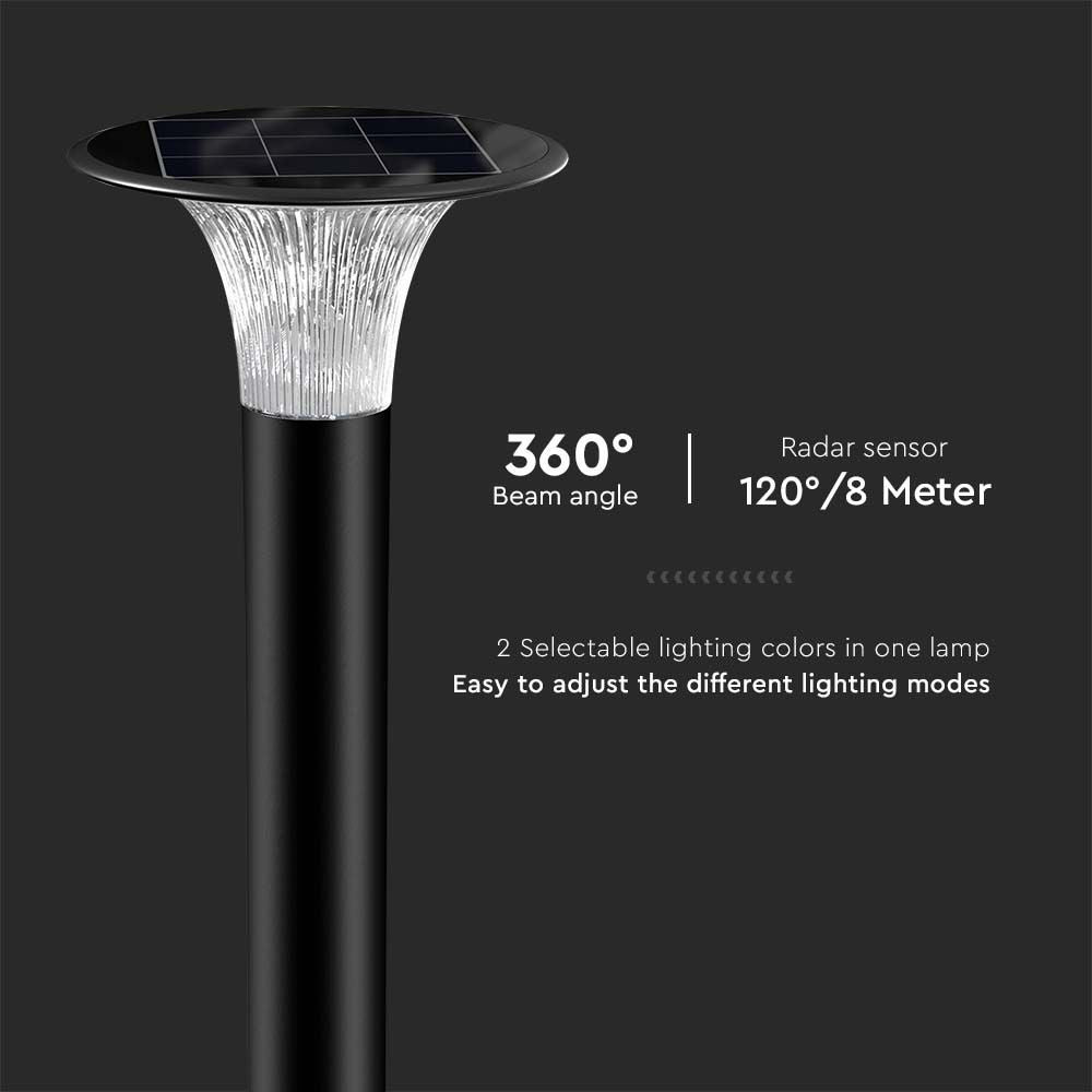 15W Słupek LED Solarny / Bateria: LiFePO4 3.2V 6000mA / Barwa: 6000K+4000K / Kolor: Czarny