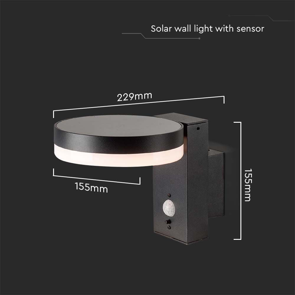5.5W Lampa ścienna LED SMD solarna z czujnikiem PIR / Barwa: 3000K / Kształt: Okrągła