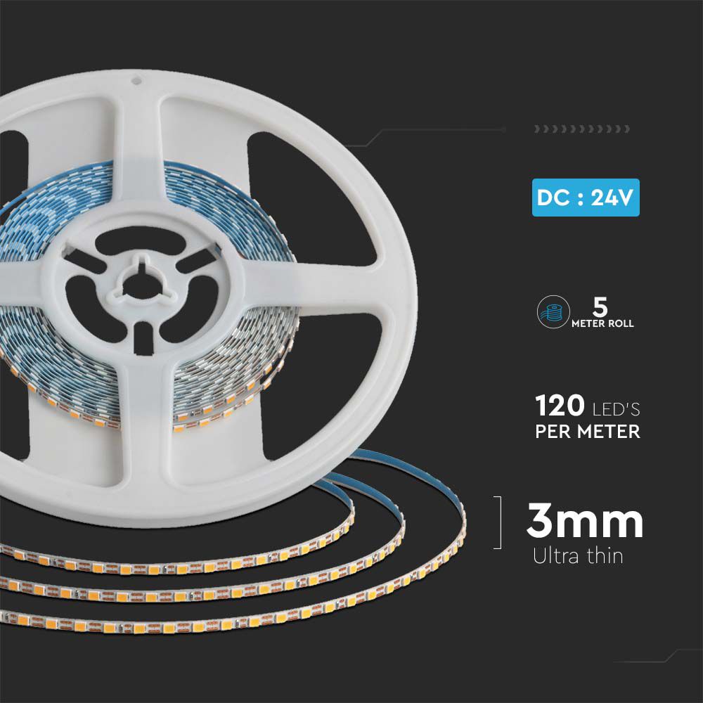 8W Taśma LED podwójne PCB / Barwa:3000K / IP20 / Zasilanie: 24V / Rolka:5m / Szerokość: 3mm