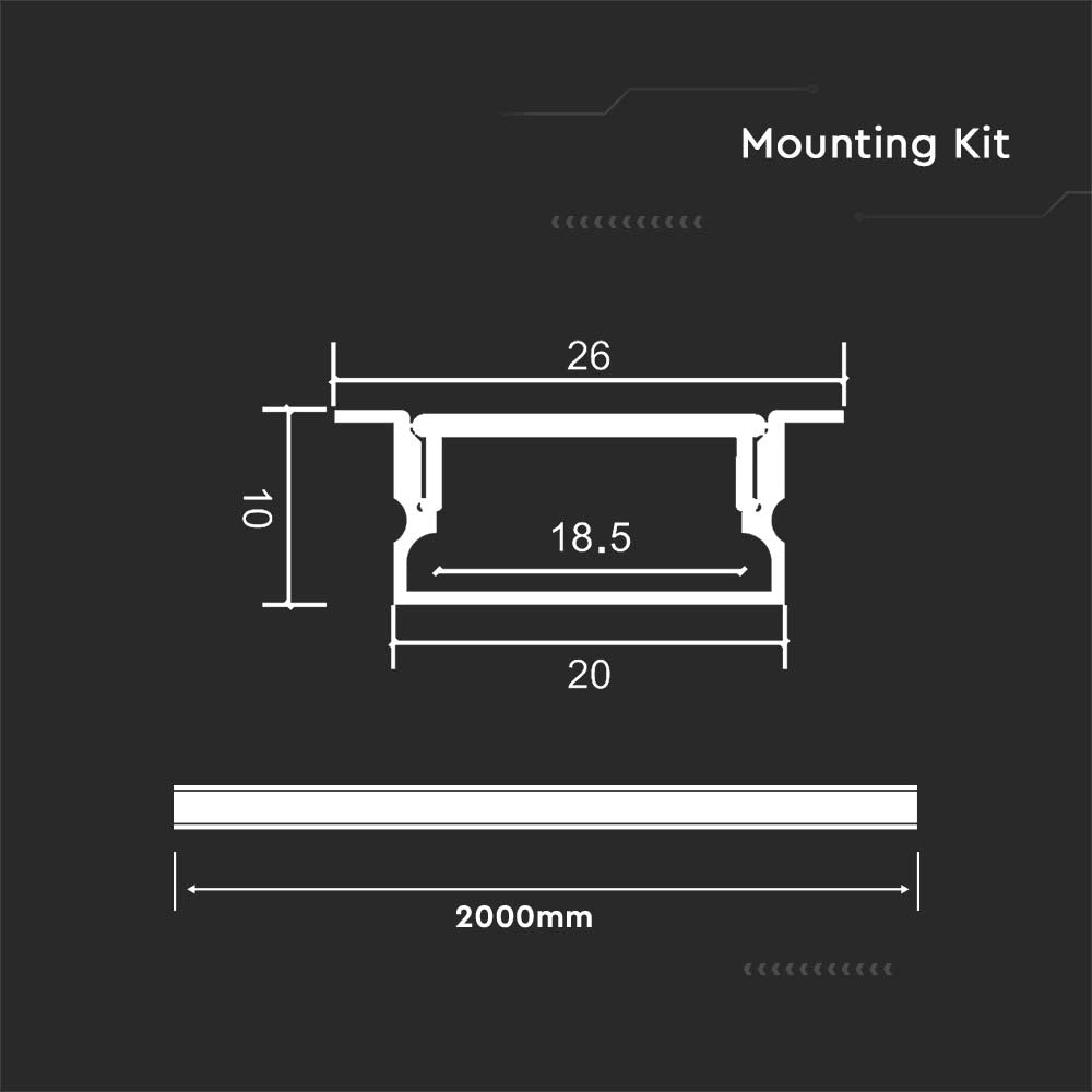 Profil Aluminiowy do paska LED wpuszczany / 2000x20x10mm / Klosz: Mleczny / Kolor: Aluminium