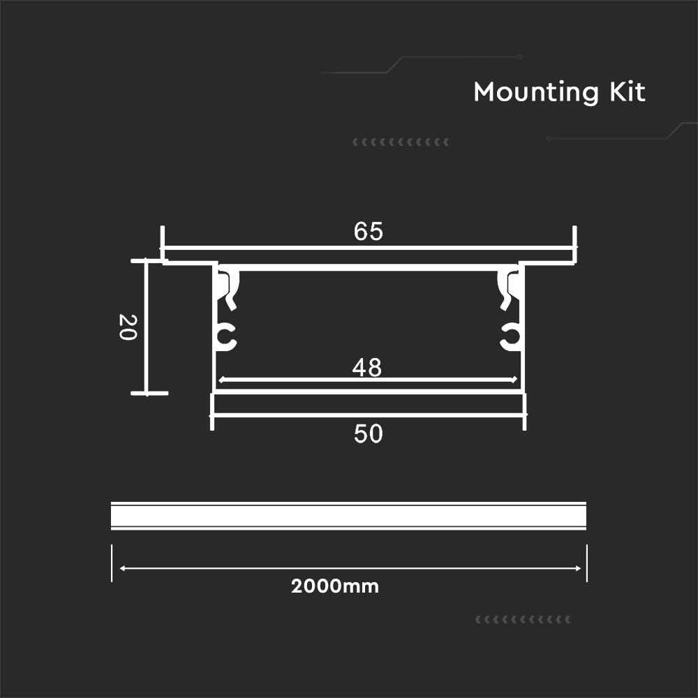 Profil Aluminiowy do paska LED wpuszczany / 2000x50x20mm / Klosz: Mleczny / Kolor: Aluminium