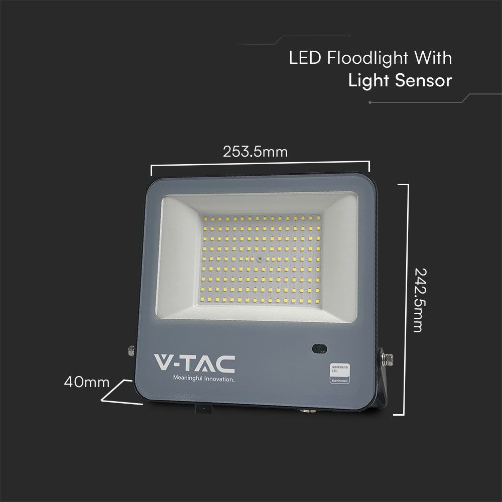 100W Naświetlacz LED z czujnikiem zmierzchu / Chip Samsung / Przewód: 1m / Barwa: 4000K / Obudowa: Czarna / Skuteczność 135lm/w