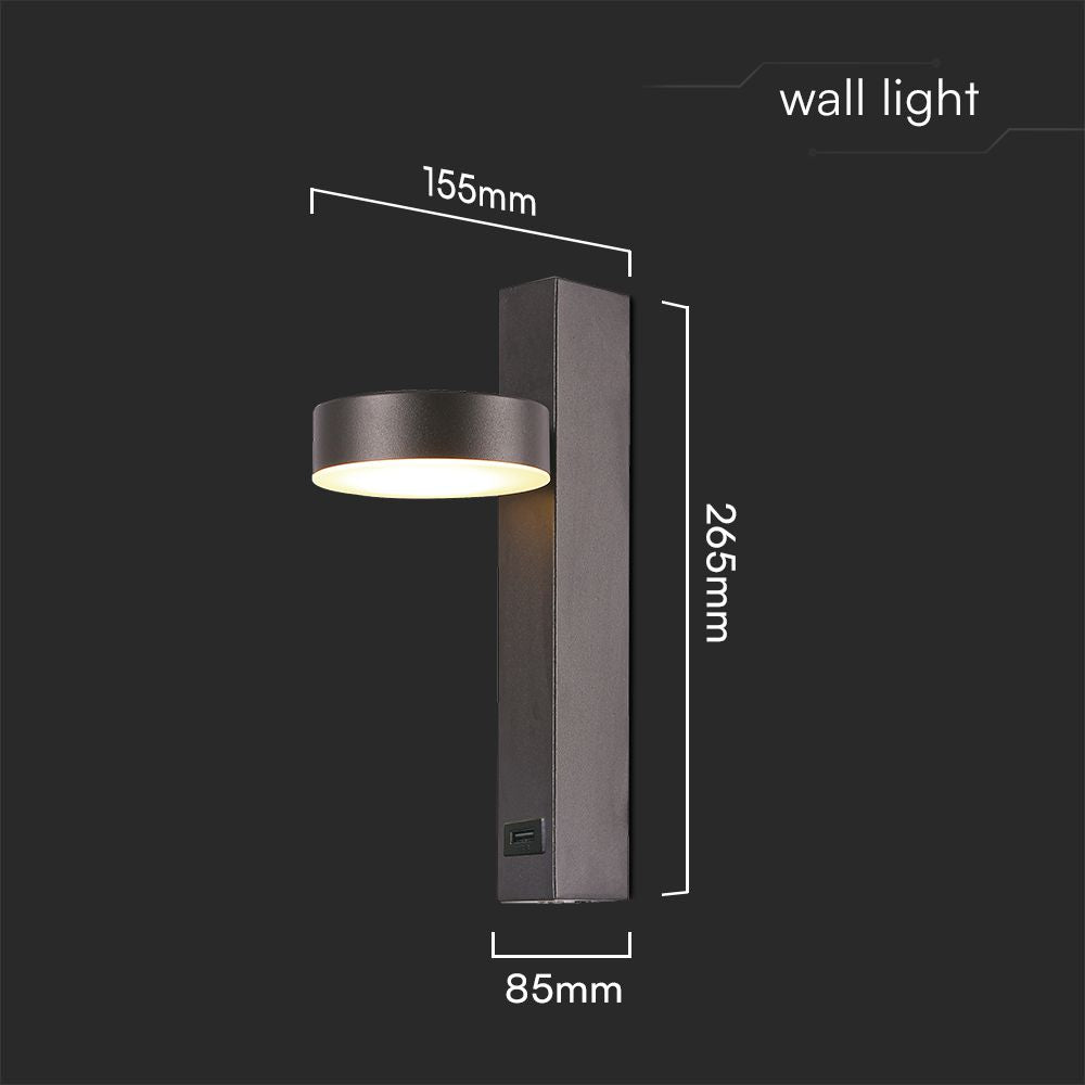 8W Kinkiet hotelowy LED z USB / Barwa:3000K / Czarny
