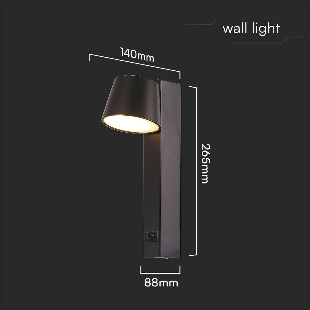 8W Kinkiet hotelowy LED z USB / Barwa:3000K / Czarny