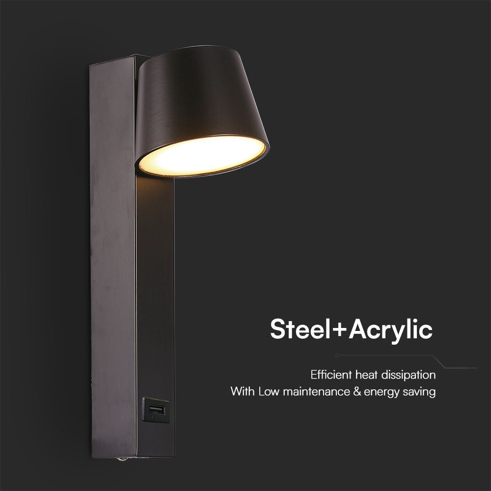 8W Kinkiet hotelowy LED z USB / Barwa:3000K / Czarny