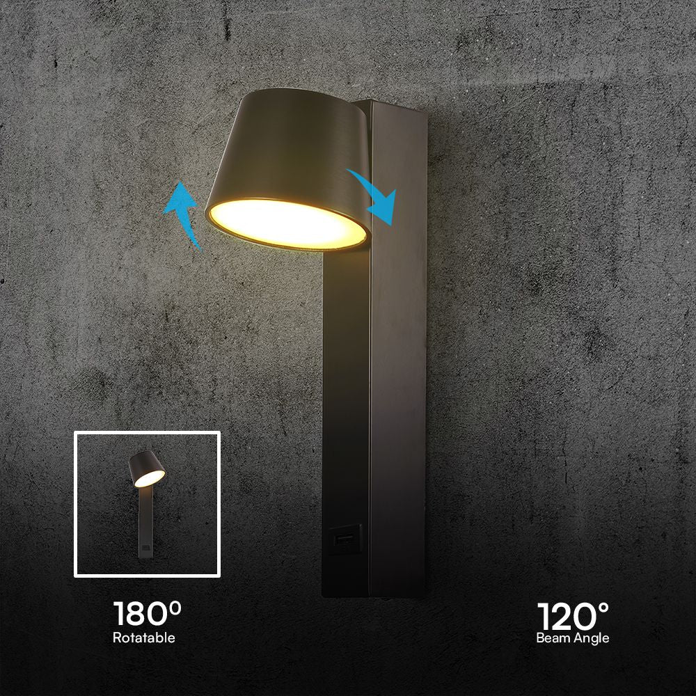 8W Kinkiet hotelowy LED z USB / Barwa:3000K / Czarny