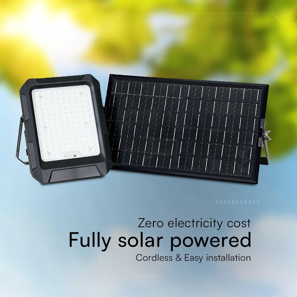 15W Naświetlacz LED z panelem solarnym / Sterowanie: Pilot / Bateria: LiFePO4 3.7V 12000mA / Barwa: 4000K / Obudowa: Czarna