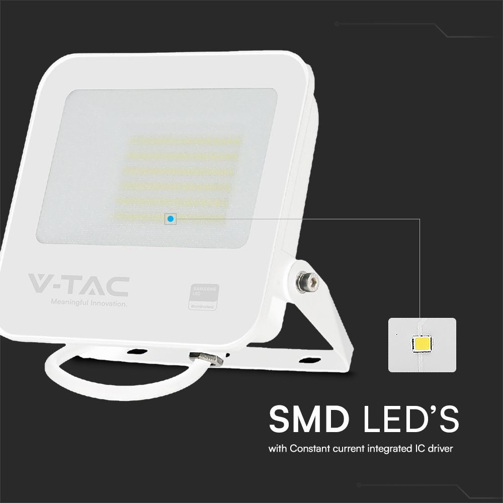 50W Naświetlacz LED / Chip Samsung / Przewód: 1m / Barwa: 6500K / Obudowa: Biała / Skuteczność 80lm/w