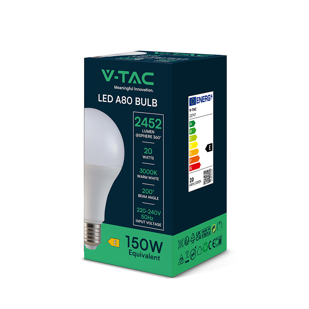20W A80 Żarówka LED / Barwa:3000K / Trzonek:E27 / Skuteczność 120lm/W