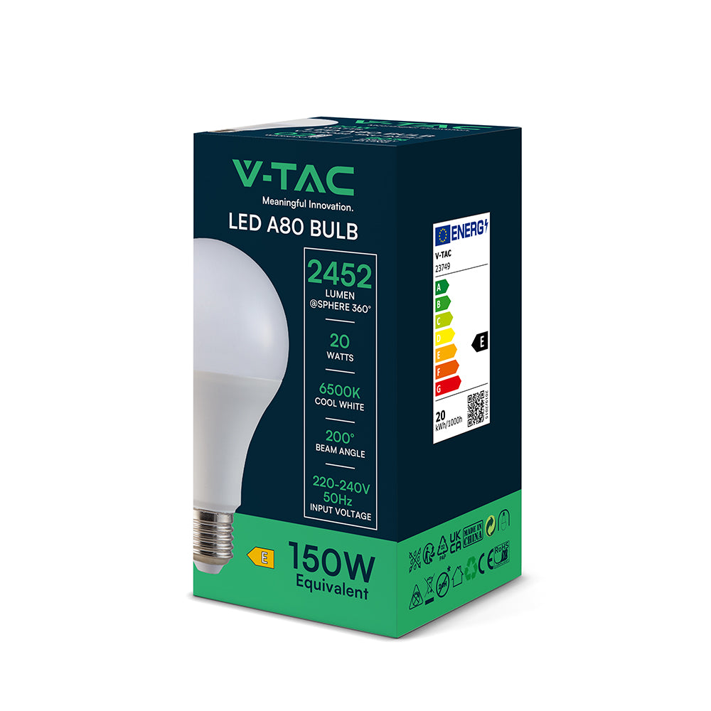 20W A80 Żarówka LED / Barwa:6500K / Trzonek:E27 / Skuteczność 120lm/W