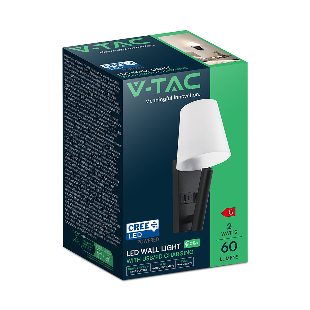 2W Hotelowa lampa ścienna USB / Chip CREE / Barwa: 3000K / Kolor: Czarny