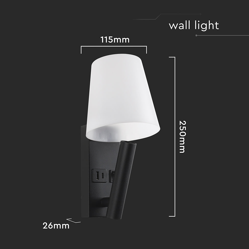2W Hotelowa lampa ścienna USB / Chip CREE / Barwa: 3000K / Kolor: Czarny