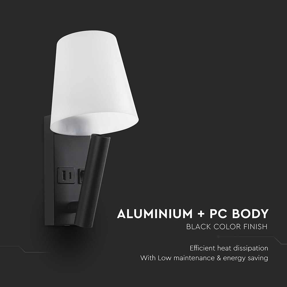 2W Hotelowa lampa ścienna USB / Chip CREE / Barwa: 3000K / Kolor: Czarny