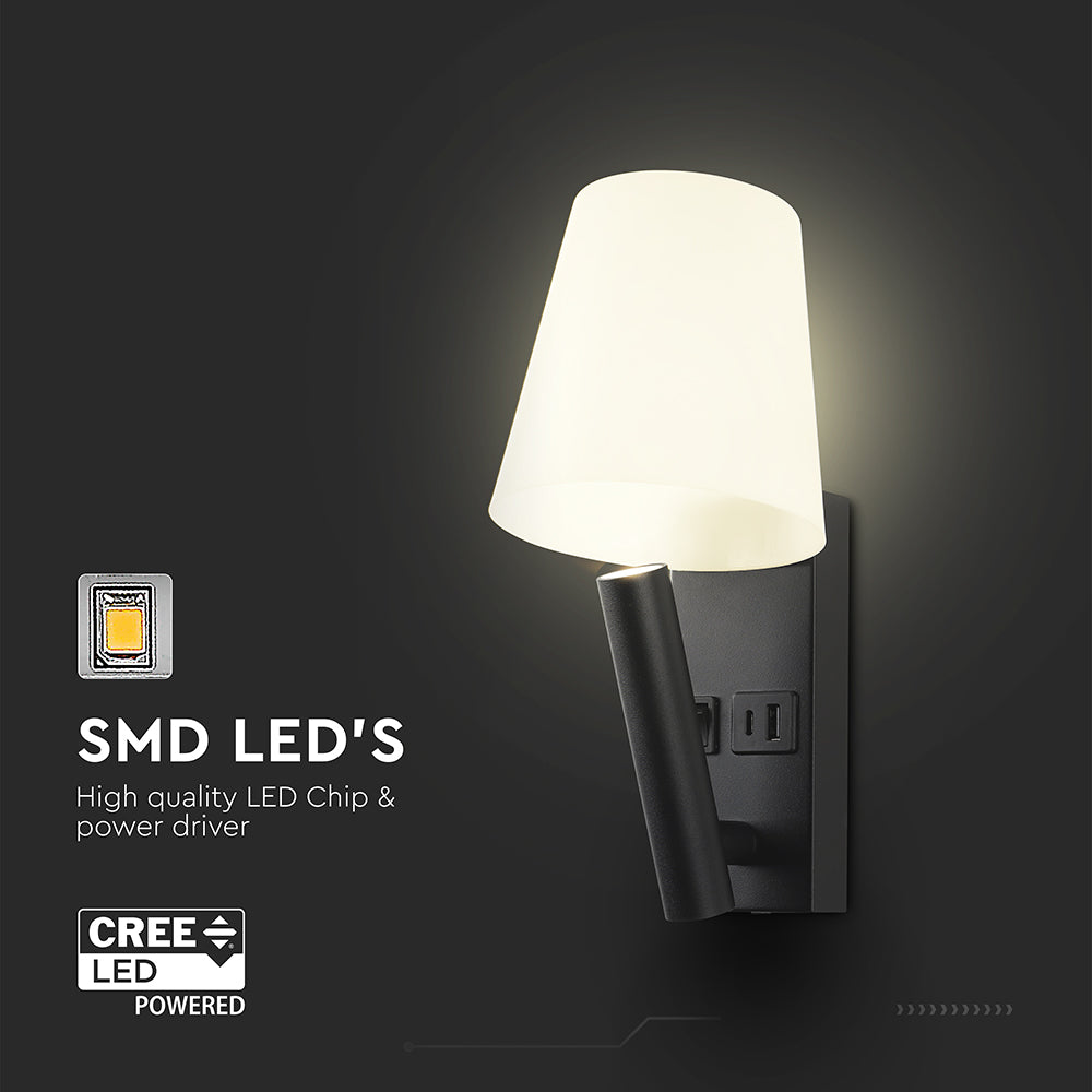 2W Hotelowa lampa ścienna USB / Chip CREE / Barwa: 3000K / Kolor: Czarny