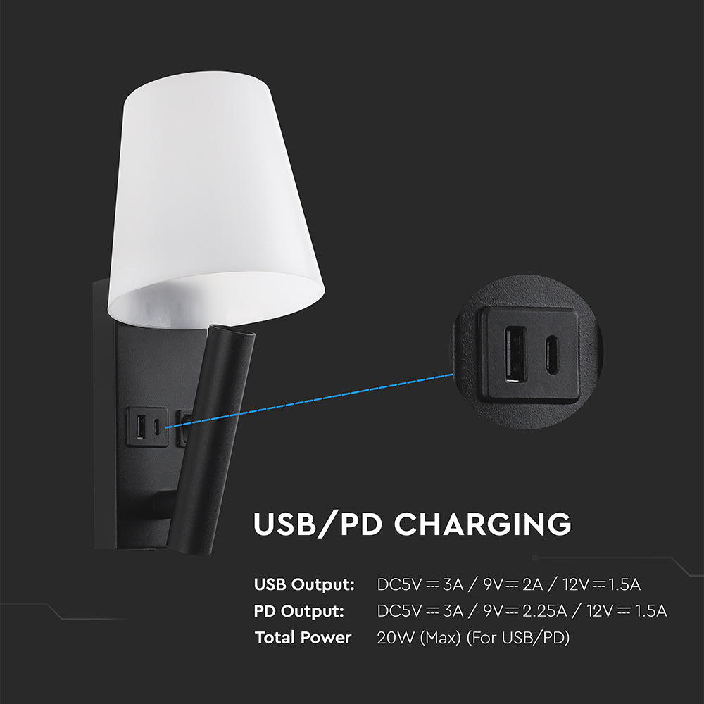 2W Hotelowa lampa ścienna USB / Chip CREE / Barwa: 3000K / Kolor: Czarny