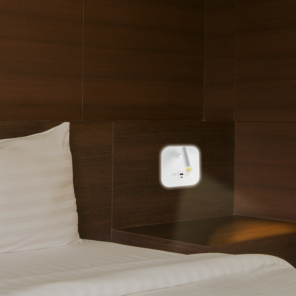 8W Hotelowa lampa ścienna USB / Chip CREE / Barwa: 3000K / Kolor: Biały
