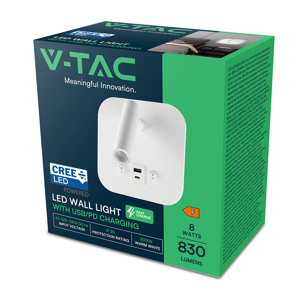 8W Hotelowa lampa ścienna USB / Chip CREE / Barwa: 3000K / Kolor: Biały