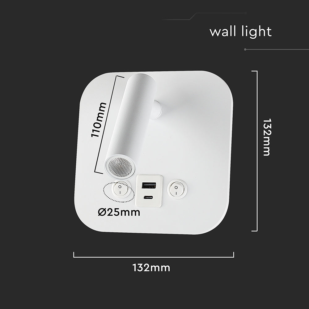 8W Hotelowa lampa ścienna USB / Chip CREE / Barwa: 3000K / Kolor: Biały