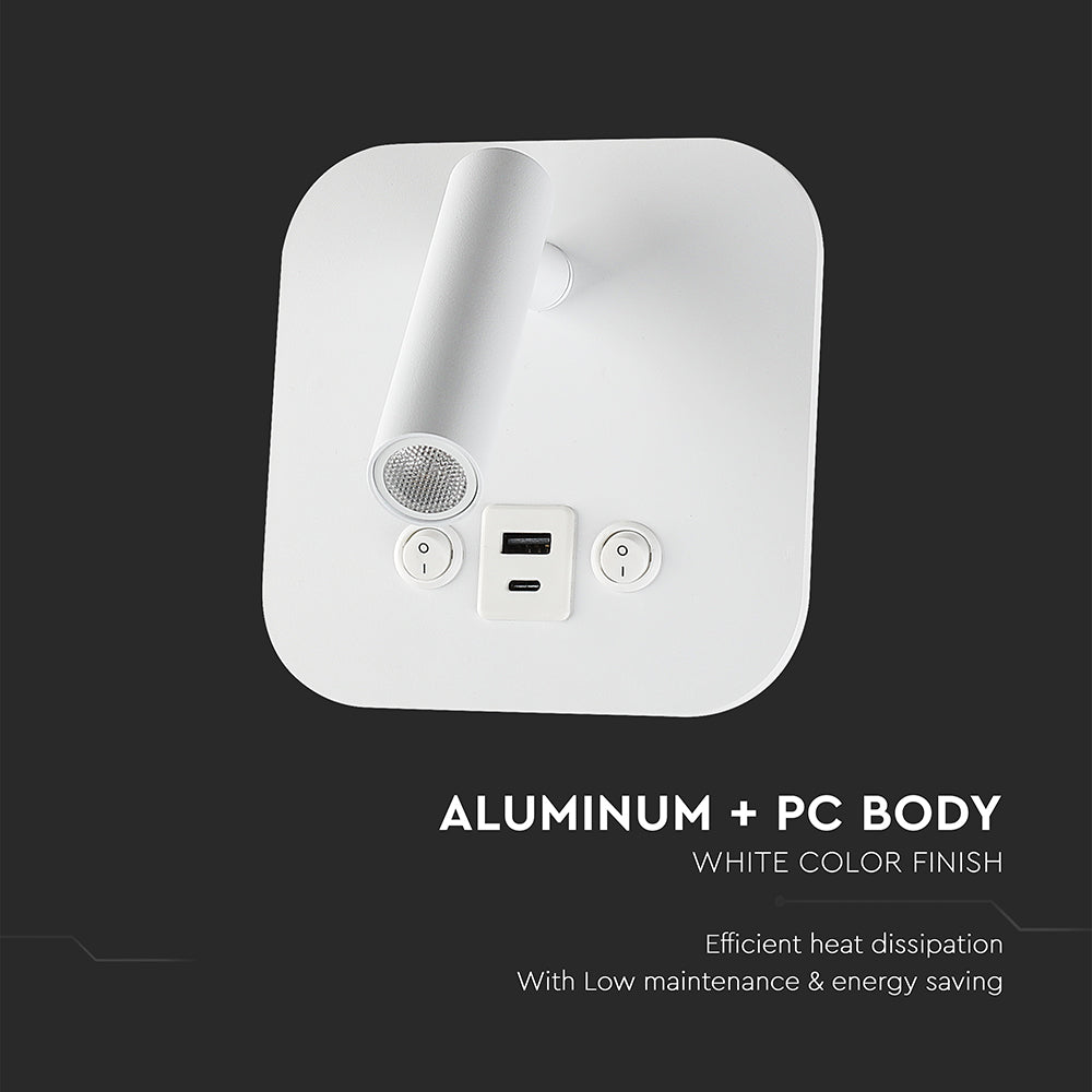 8W Hotelowa lampa ścienna USB / Chip CREE / Barwa: 3000K / Kolor: Biały