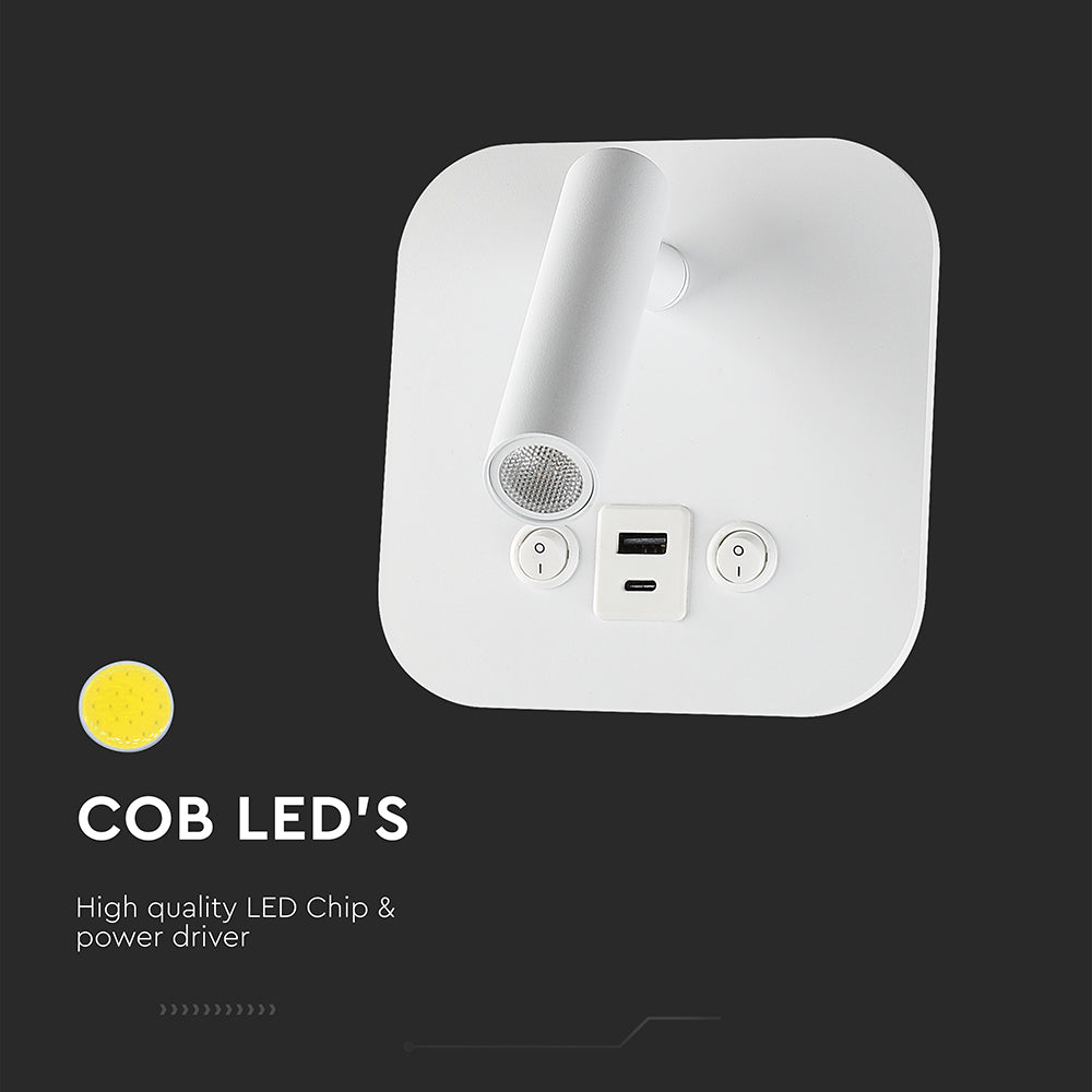 8W Hotelowa lampa ścienna USB / Chip CREE / Barwa: 3000K / Kolor: Biały