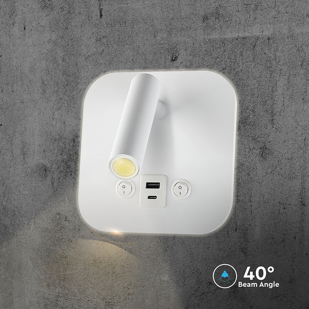 8W Hotelowa lampa ścienna USB / Chip CREE / Barwa: 3000K / Kolor: Biały