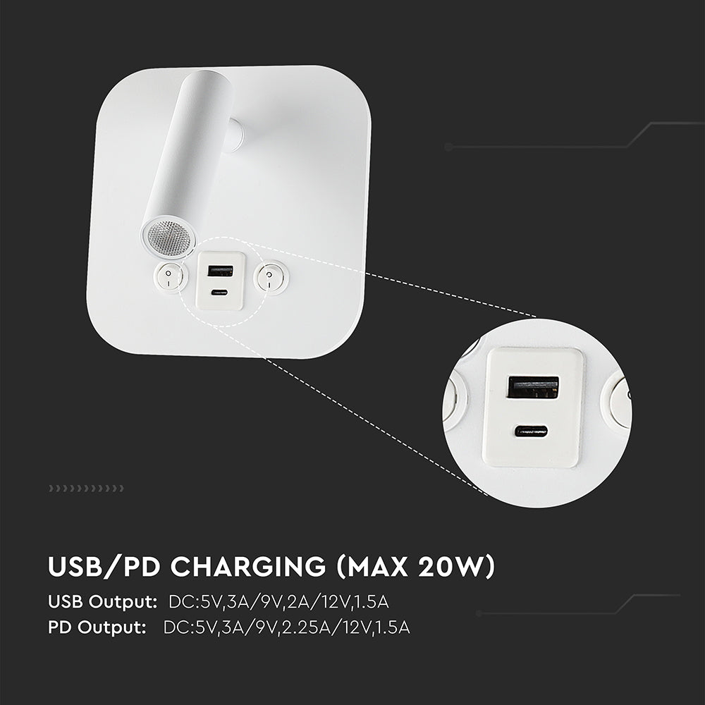 8W Hotelowa lampa ścienna USB / Chip CREE / Barwa: 3000K / Kolor: Biały