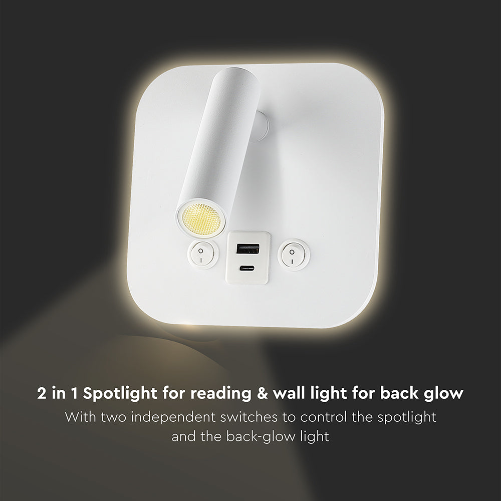 8W Hotelowa lampa ścienna USB / Chip CREE / Barwa: 3000K / Kolor: Biały
