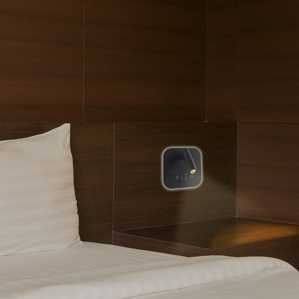 8W Hotelowa lampa ścienna USB / Chip CREE / Barwa: 3000K / Kolor: Czarny