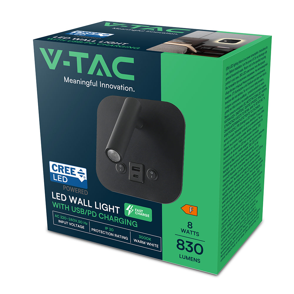 8W Hotelowa lampa ścienna USB / Chip CREE / Barwa: 3000K / Kolor: Czarny