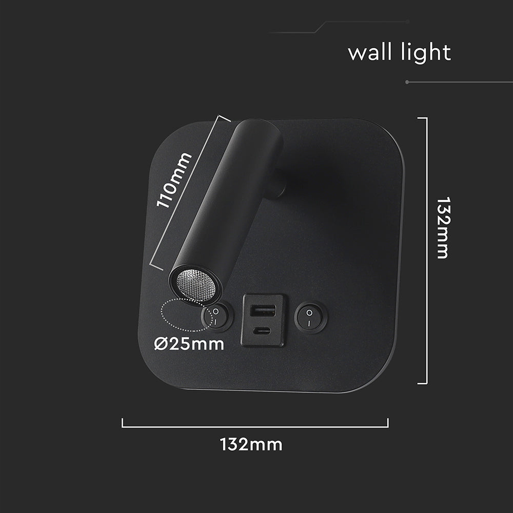 8W Hotelowa lampa ścienna USB / Chip CREE / Barwa: 3000K / Kolor: Czarny