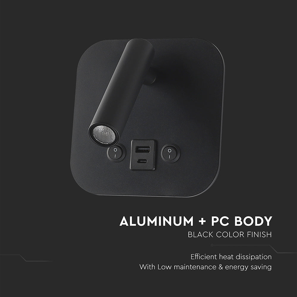 8W Hotelowa lampa ścienna USB / Chip CREE / Barwa: 3000K / Kolor: Czarny