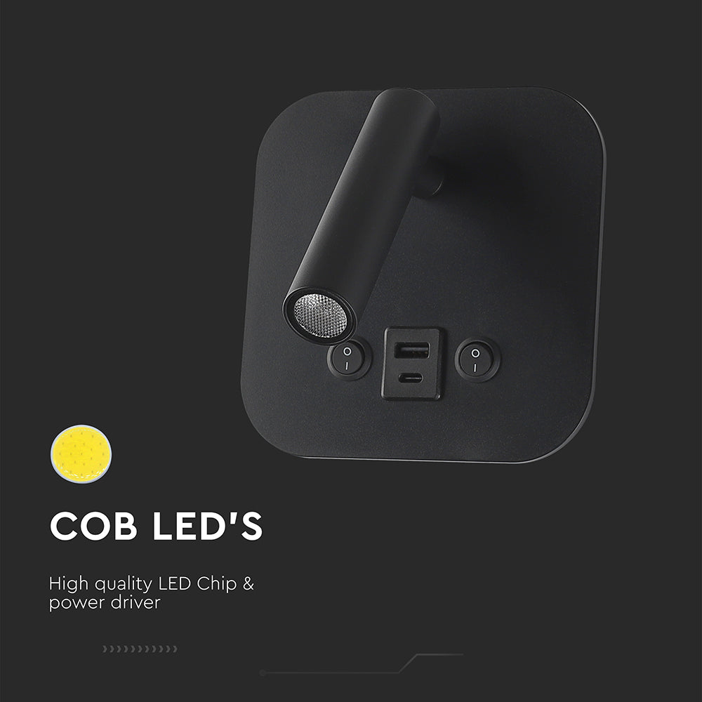 8W Hotelowa lampa ścienna USB / Chip CREE / Barwa: 3000K / Kolor: Czarny