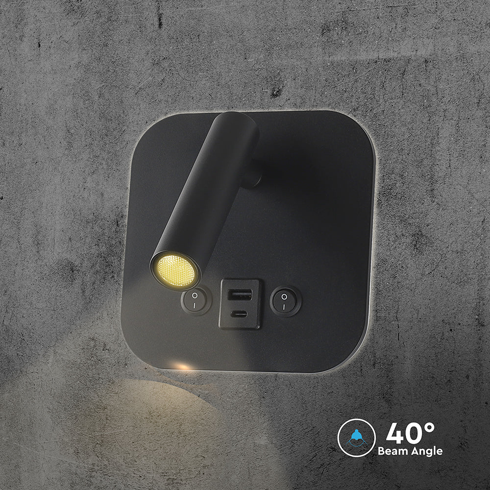 8W Hotelowa lampa ścienna USB / Chip CREE / Barwa: 3000K / Kolor: Czarny