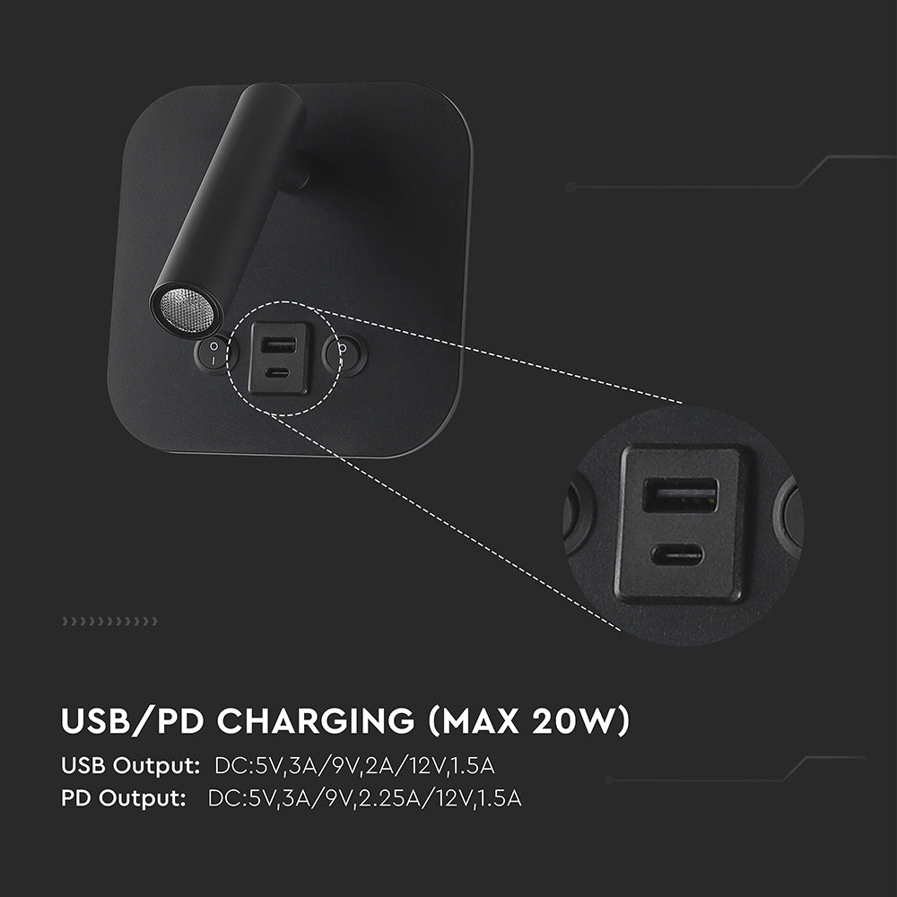 8W Hotelowa lampa ścienna USB / Chip CREE / Barwa: 3000K / Kolor: Czarny